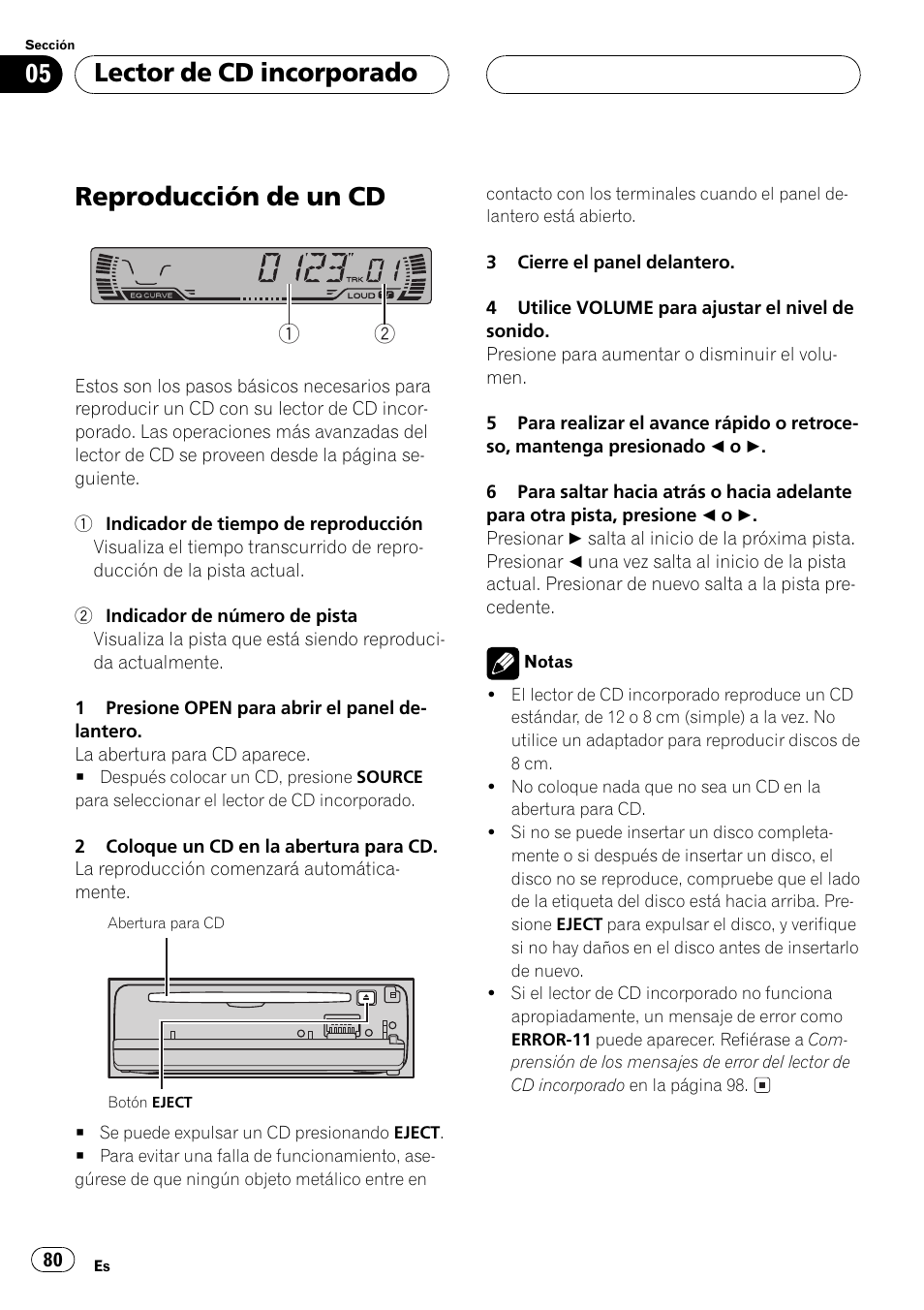 Lector de cd incorporado, Reproducción de un cd 80, Reproducción de un cd | Pioneer DEH-P250 User Manual | Page 80 / 104