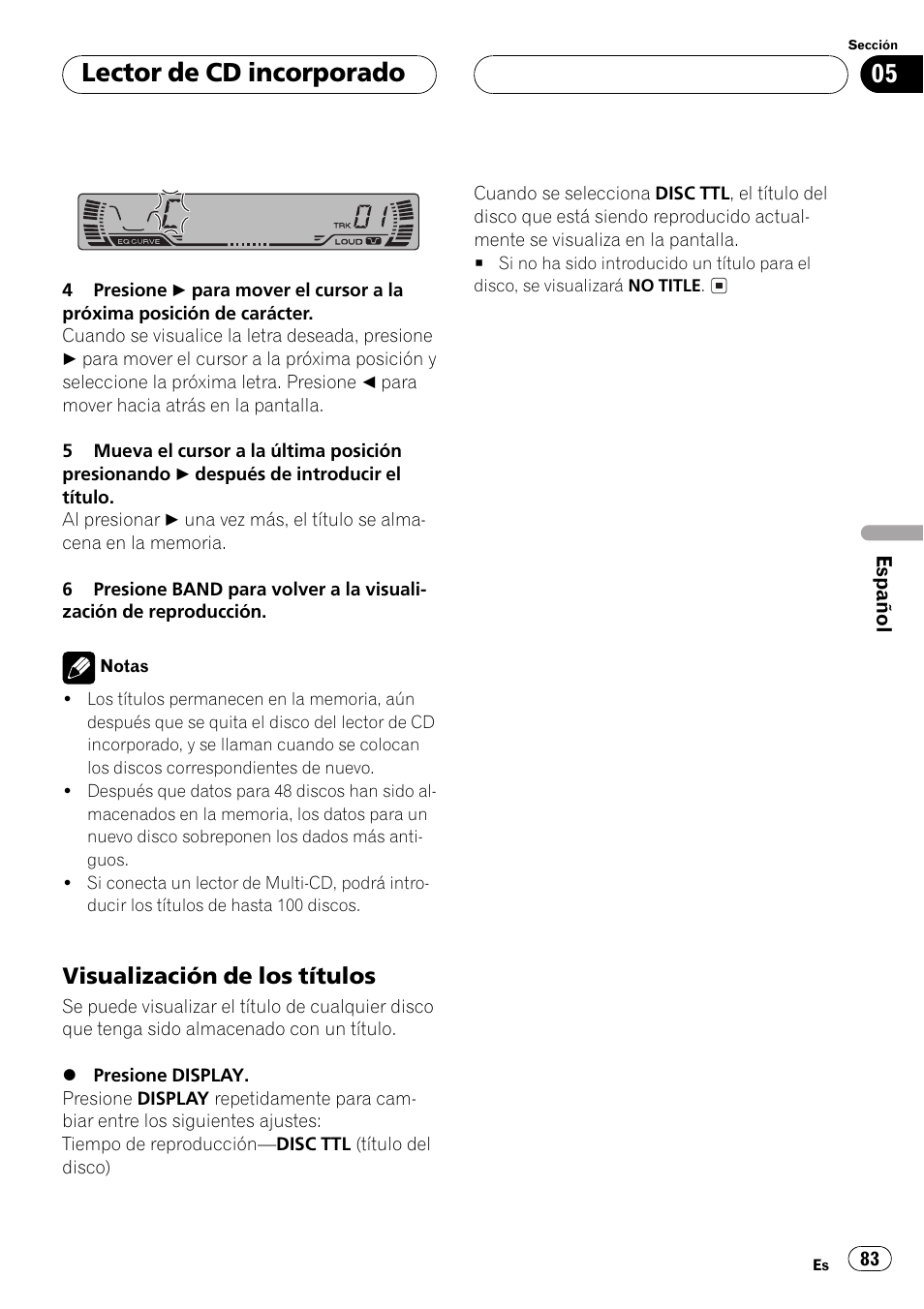 Visualización de los títulos 83, Lector de cd incorporado, Visualización de los títulos | Pioneer DEH-P250 User Manual | Page 83 / 104