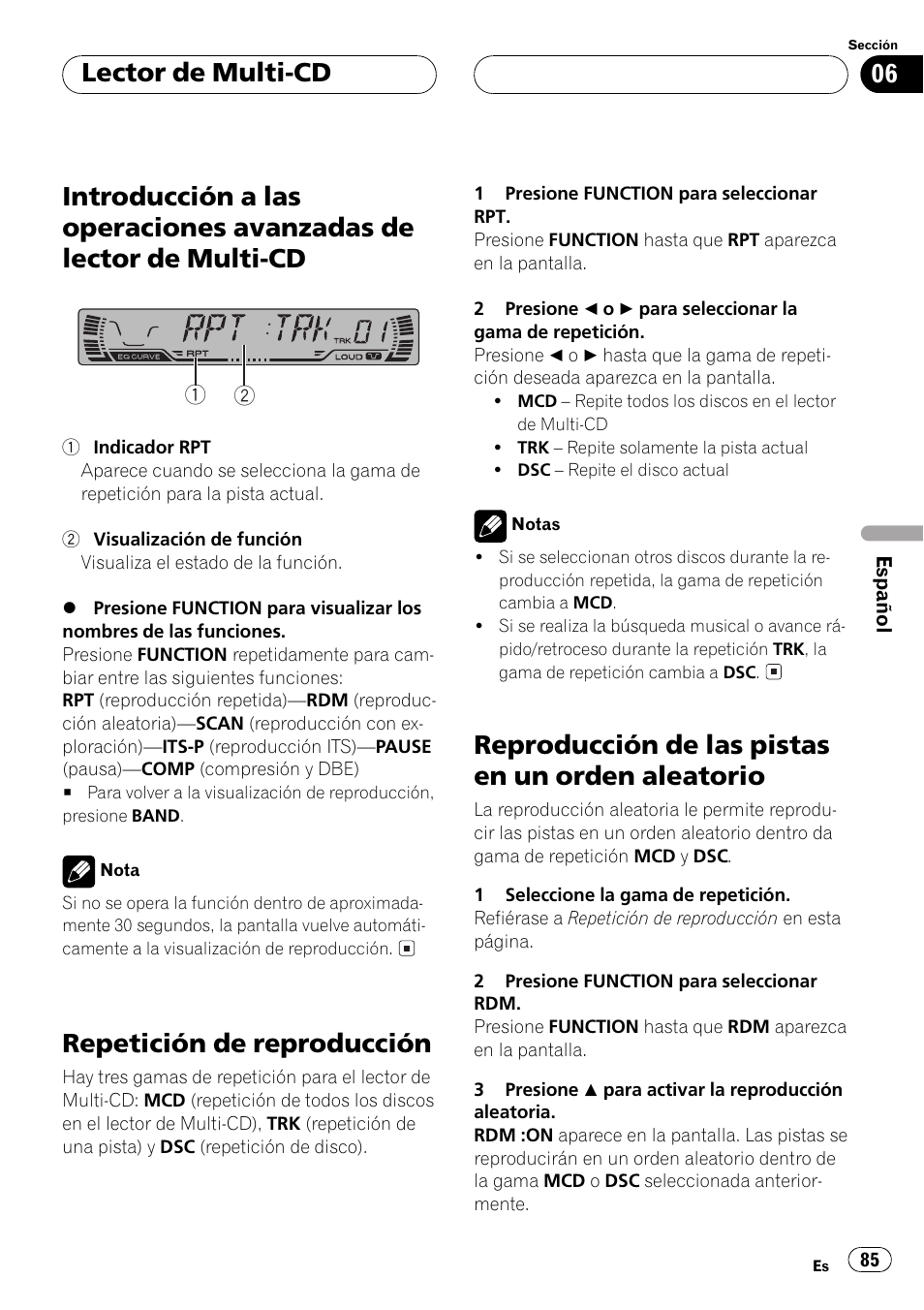 Introducción a las operaciones avanzadas de, Lector de multi-cd 85, Repetición de reproducción 85 | Reproducción de las pistas en un orden, Aleatorio 85, Repetición de reproducción, Reproducción de las pistas en un orden aleatorio, Lector de multi-cd | Pioneer DEH-P250 User Manual | Page 85 / 104