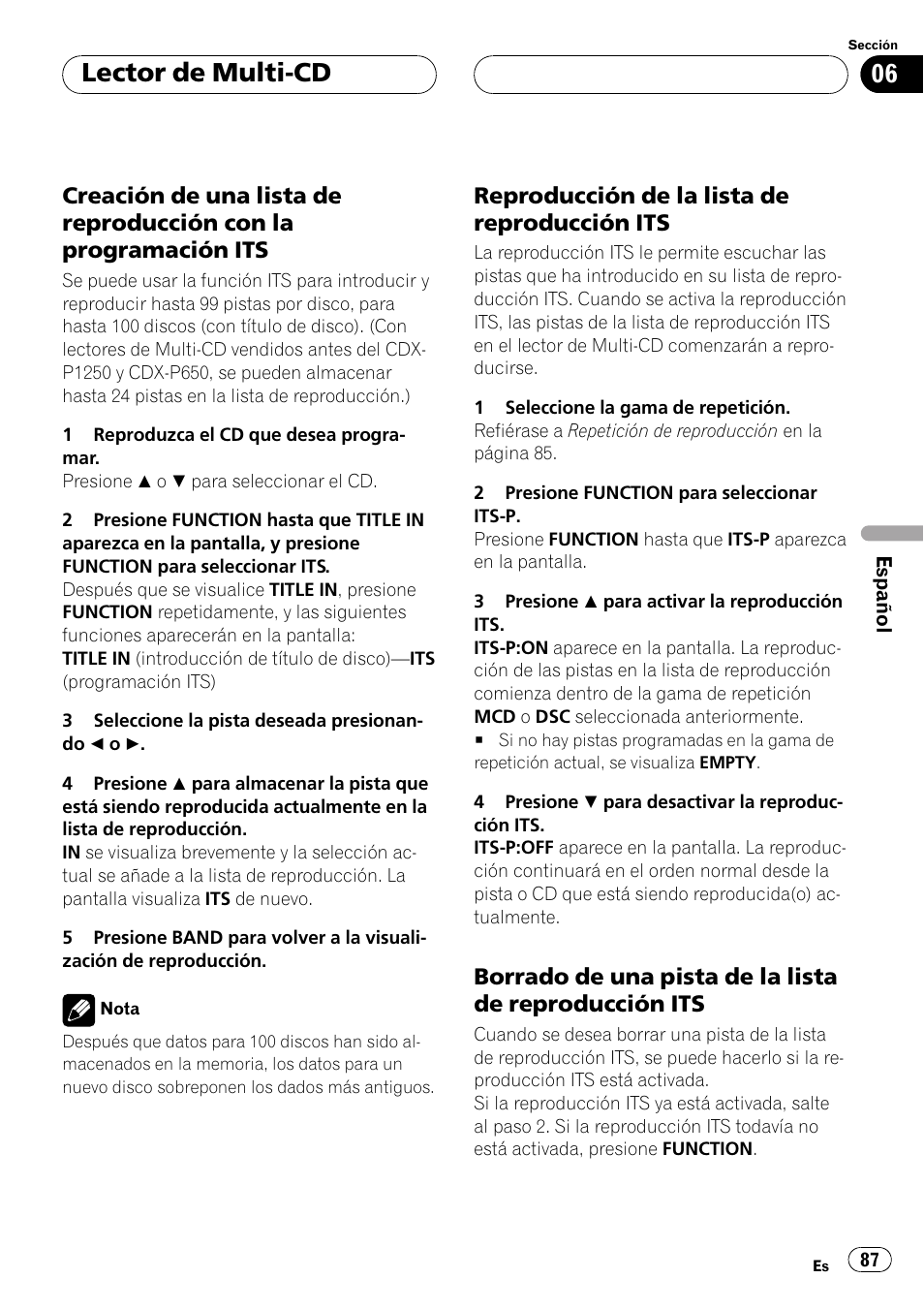 Creación de una lista de reproducción, Con la programación its 87, Reproducción de la lista de | Reproducción its 87, Borrado de una pista de la lista de, Lector de multi-cd | Pioneer DEH-P250 User Manual | Page 87 / 104