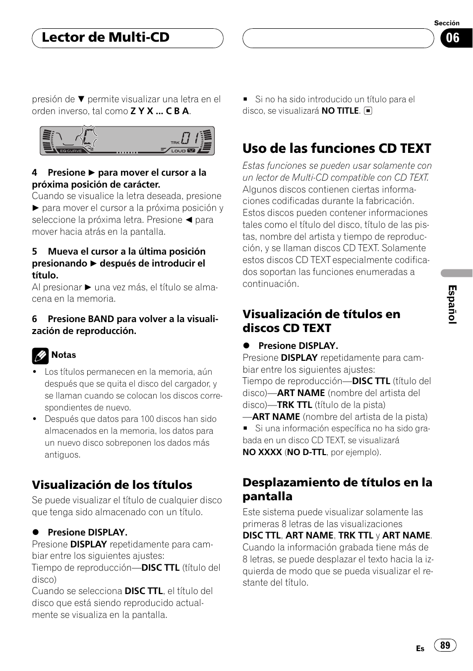 Visualización de los títulos 89, Uso de las funciones cd text 89, Visualización de títulos en discos cd | Text 89, Desplazamiento de títulos en la, Pantalla 89, Uso de las funciones cd text, Lector de multi-cd, Visualización de los títulos, Visualización de títulos en discos cd text | Pioneer DEH-P250 User Manual | Page 89 / 104