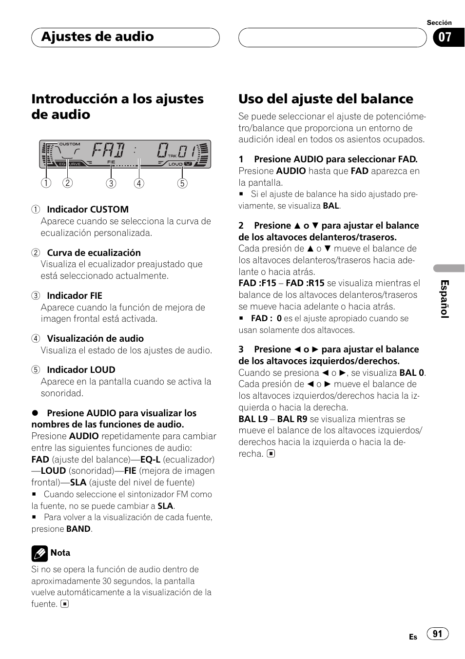 Ajustes de audio, Introducción a los ajustes de audio 91, Uso del ajuste del balance 91 | Introducción a los ajustes de audio, Uso del ajuste del balance | Pioneer DEH-P250 User Manual | Page 91 / 104