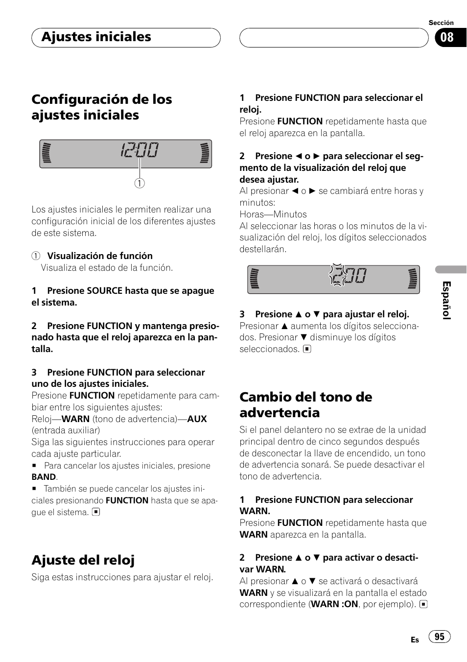 Ajustes iniciales, Configuración de los ajustes iniciales 95, Ajuste del reloj 95 | Cambio del tono de advertencia 95, Configuración de los ajustes iniciales, Ajuste del reloj, Cambio del tono de advertencia | Pioneer DEH-P250 User Manual | Page 95 / 104