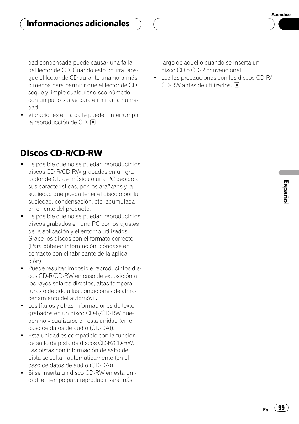 Discos cd-r/cd-rw 99, Discos cd-r/cd-rw, Informaciones adicionales | Pioneer DEH-P250 User Manual | Page 99 / 104