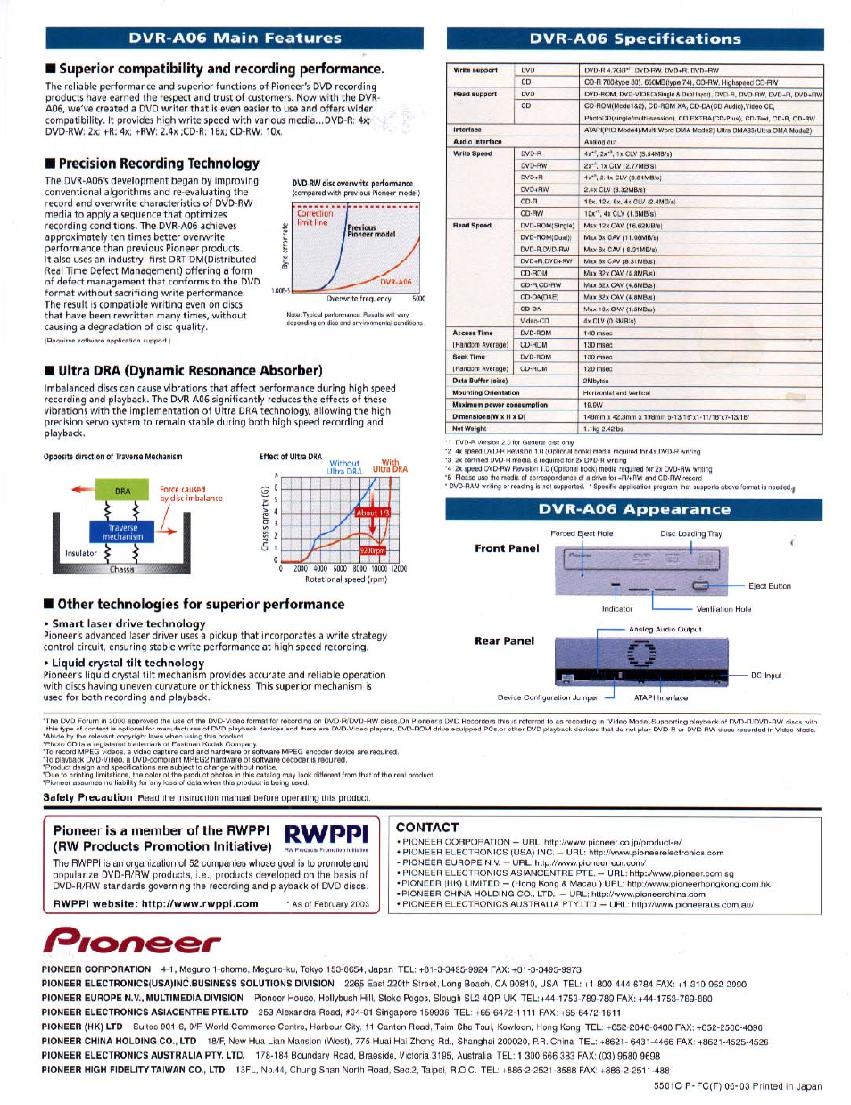 Precision recording technology, Ultra dra (dynamic resonance absorber), Dvr-a06 appearance | Other technologies for superior performance | Pioneer DVR-A06 User Manual | Page 2 / 2