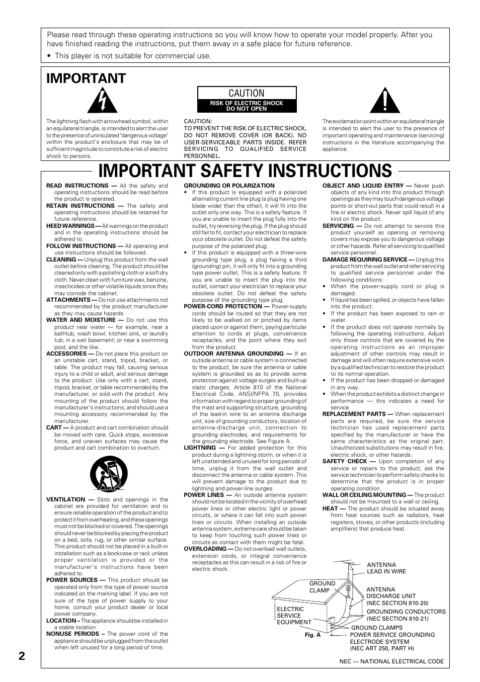 Important safety instructions, Important, Caution | Pioneer DV-F727 User Manual | Page 2 / 80