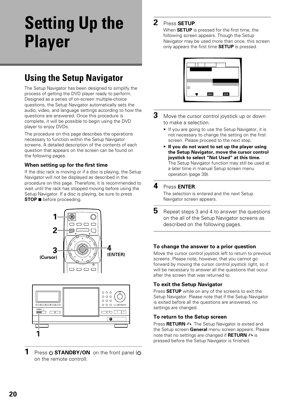 Setting up the player, Using the setup navigator | Pioneer DV-F727 User Manual | Page 20 / 80
