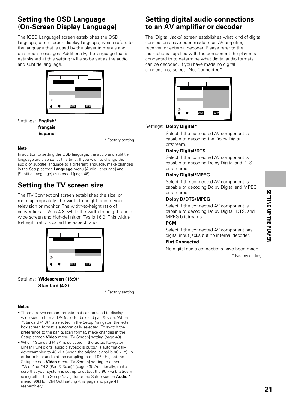 Setting the tv screen size, Setting up the pla yer | Pioneer DV-F727 User Manual | Page 21 / 80