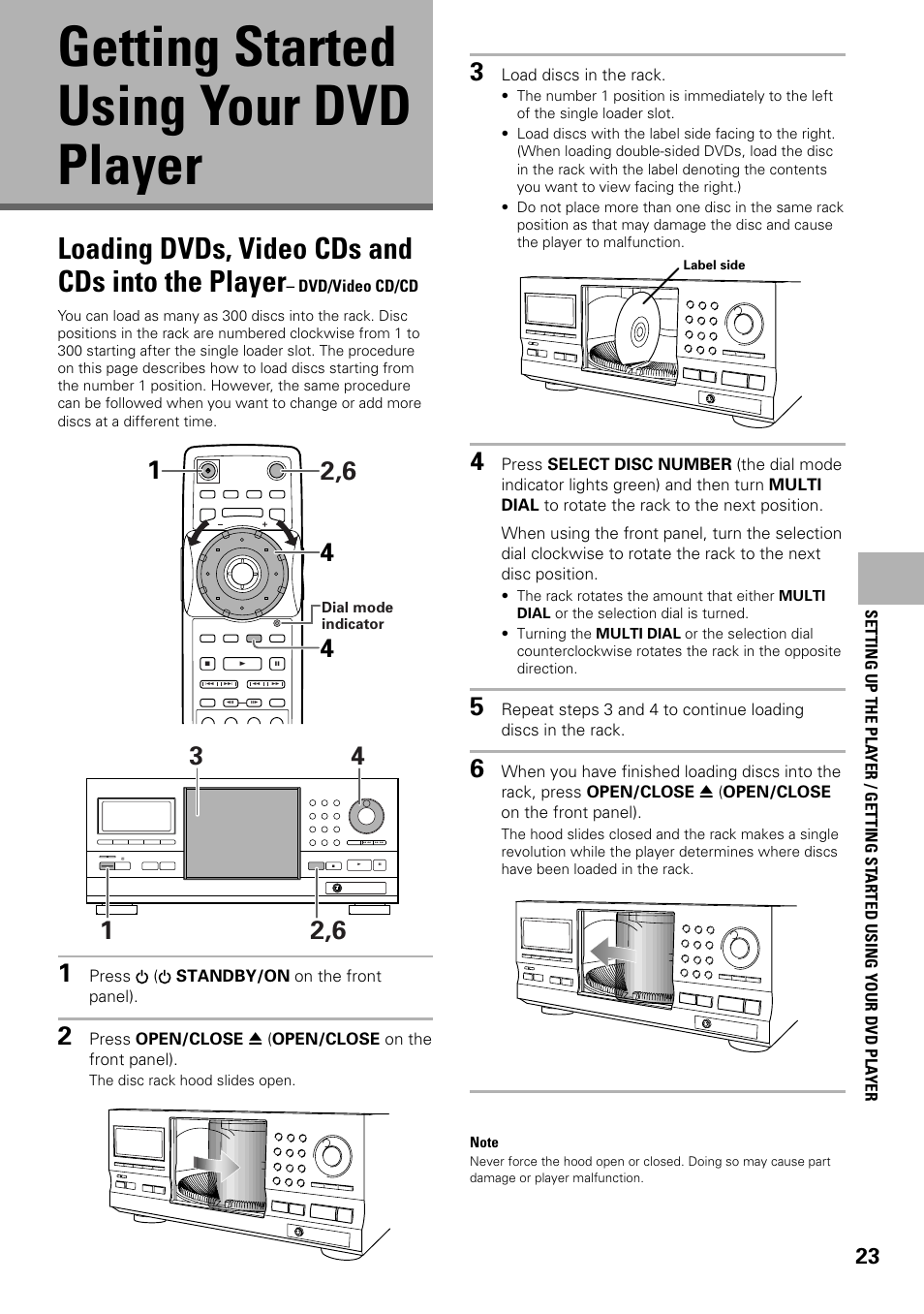 Getting started using your dvd player, Loading dvds, video cds and cds, Into the player | Loading dvds, video cds and cds into the player | Pioneer DV-F727 User Manual | Page 23 / 80