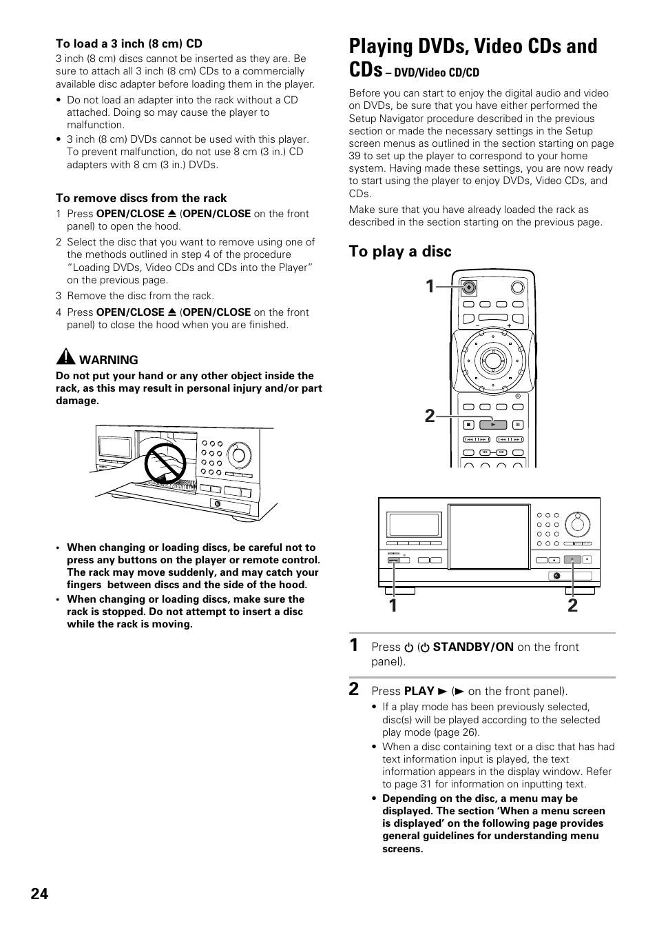 Playing dvds, video cds and cds, Warning, Dvd/video cd/cd | Press ( standby/on on the front panel), Press play 3 (3 on the front panel) | Pioneer DV-F727 User Manual | Page 24 / 80