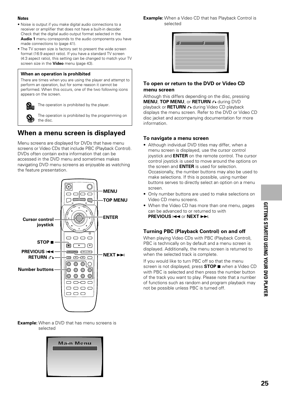 When a menu screen is displayed, Turning pbc (playback control) on and off, Getting st arted using your dvd pla yer | When an operation is prohibited | Pioneer DV-F727 User Manual | Page 25 / 80