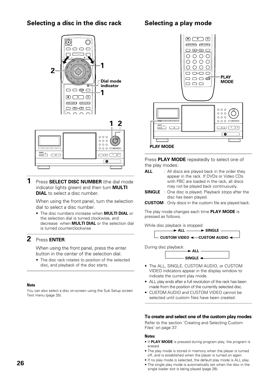 26 selecting a play mode, Selecting a disc in the disc rack | Pioneer DV-F727 User Manual | Page 26 / 80