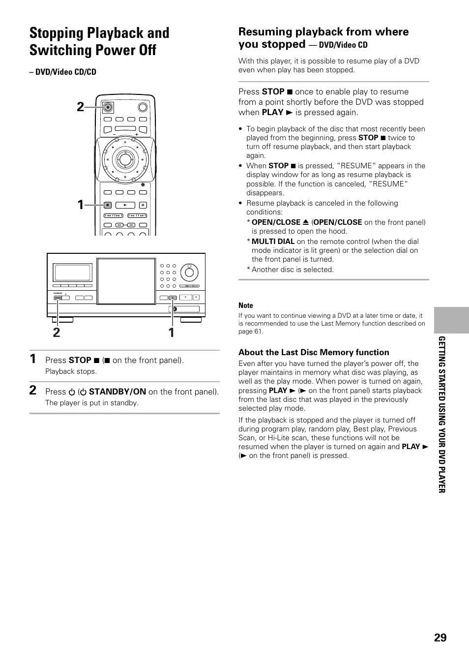 Stopping playback and switching power off, Resuming playback from where you stopped | Pioneer DV-F727 User Manual | Page 29 / 80