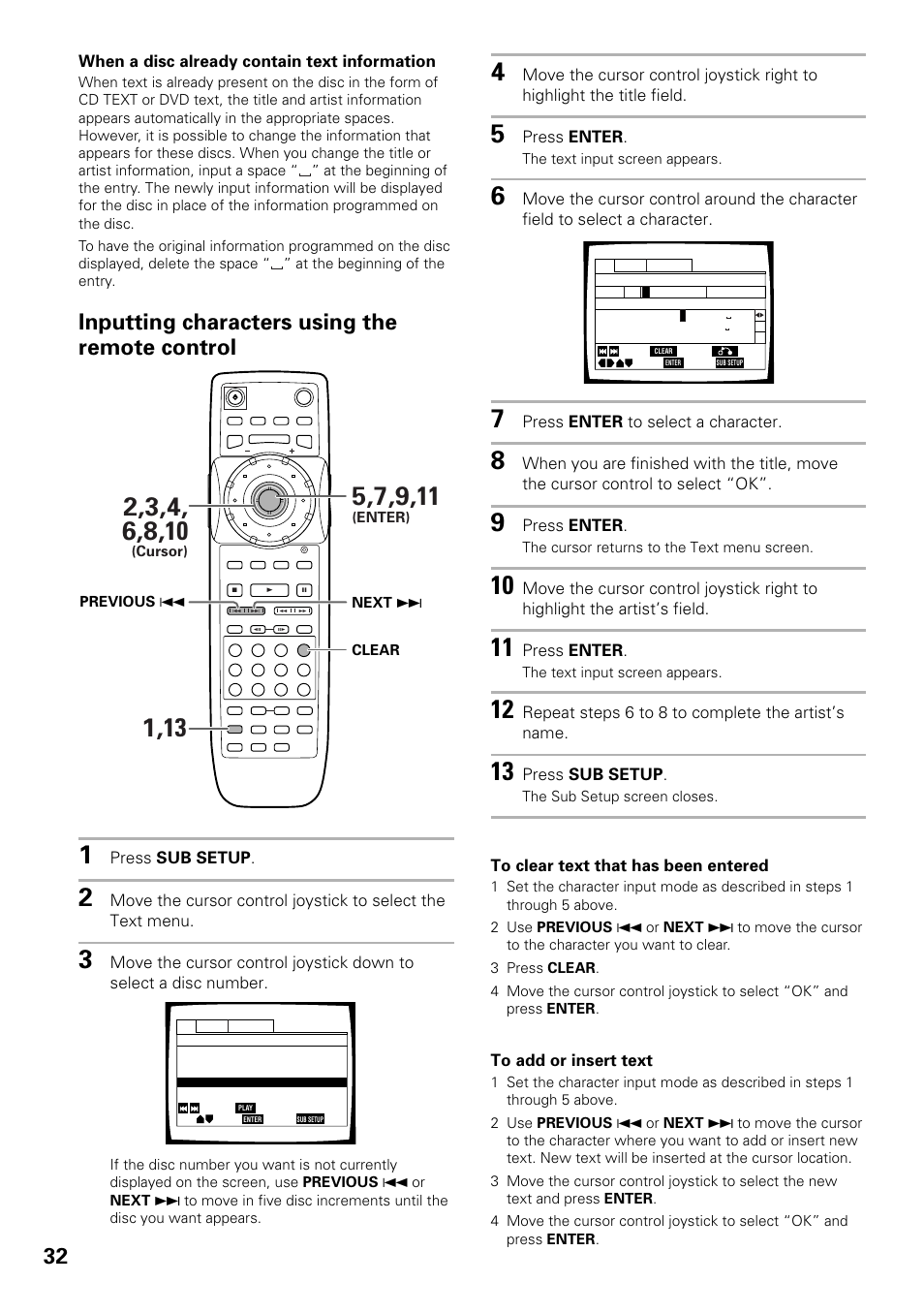 Inputting characters using the remote control, When a disc already contain text information, Press sub setup | Press enter, Press enter to select a character, Repeat steps 6 to 8 to complete the artist’s name | Pioneer DV-F727 User Manual | Page 32 / 80