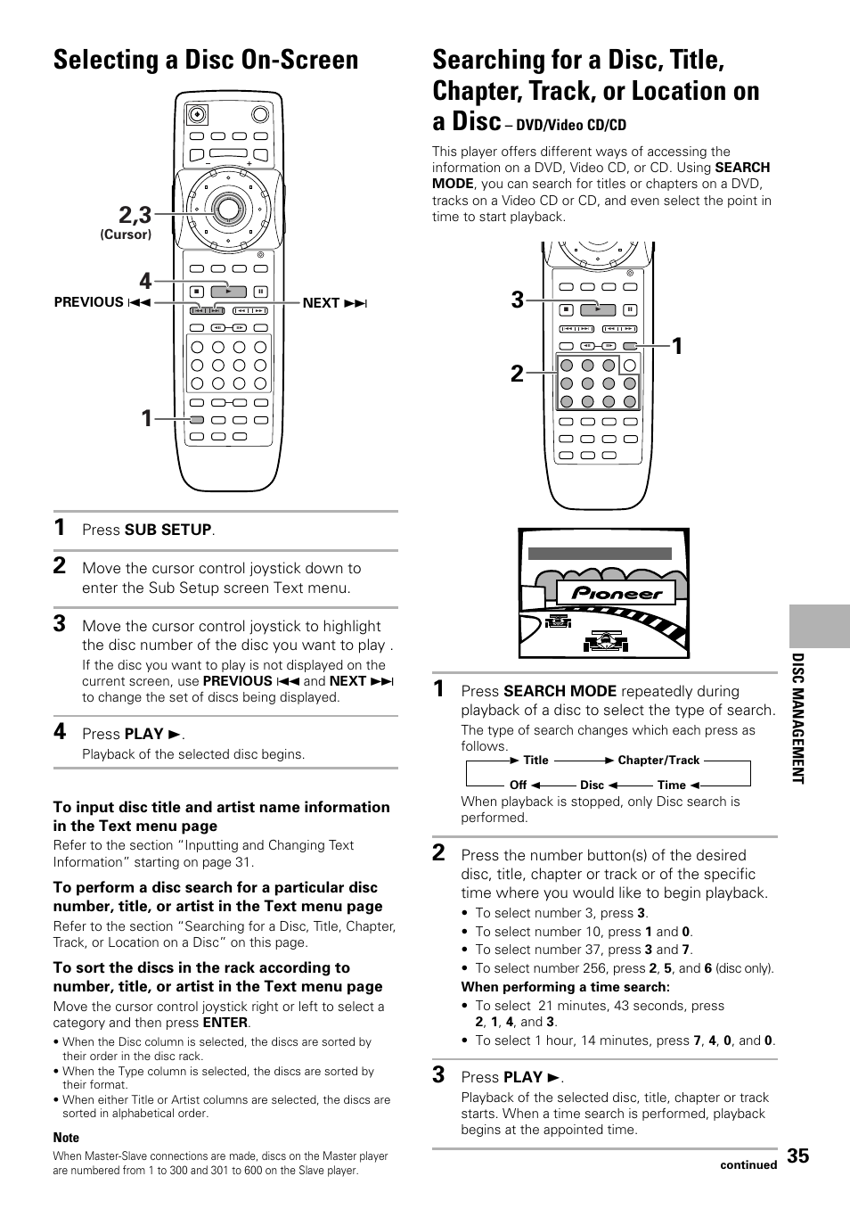 Location on a disc, Selecting a disc on-screen | Pioneer DV-F727 User Manual | Page 35 / 80