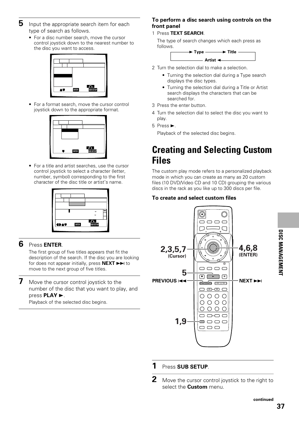 Creating and selecting custom files, Press enter, Press sub setup | Disc management | Pioneer DV-F727 User Manual | Page 37 / 80