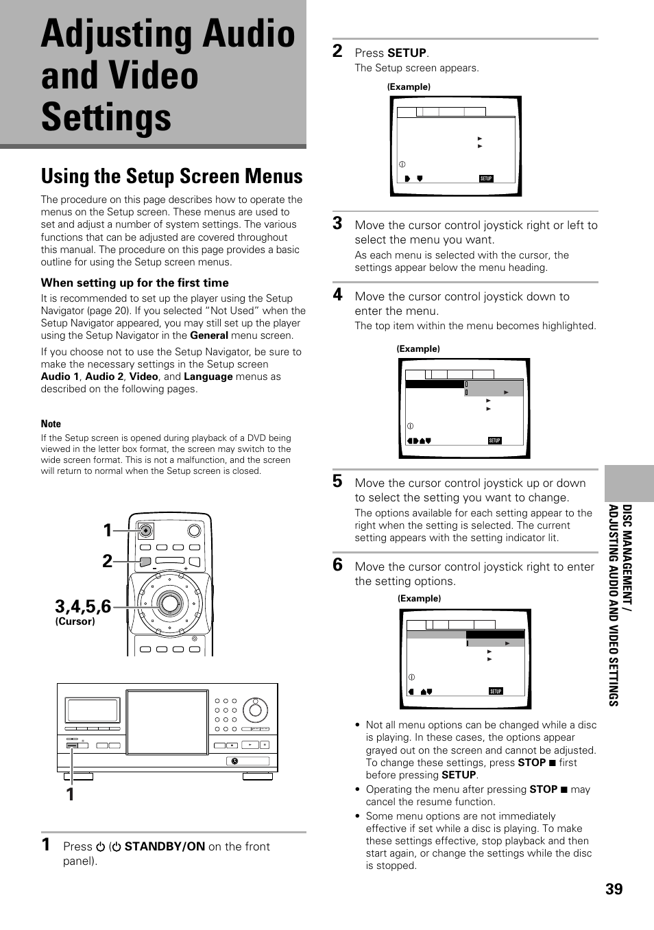 Adjusting audio and video settings, Using the setup screen menus, When setting up for the first time | Press ( standby/on on the front panel), Press setup | Pioneer DV-F727 User Manual | Page 39 / 80