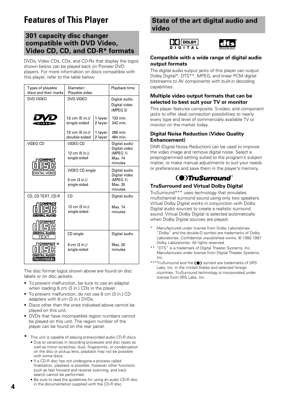 Features of this player, State of the art digital audio and video | Pioneer DV-F727 User Manual | Page 4 / 80