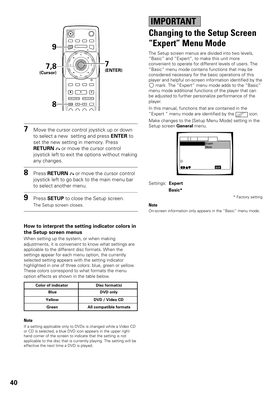 Changing to the setup screen “expert, Menu mode | Pioneer DV-F727 User Manual | Page 40 / 80