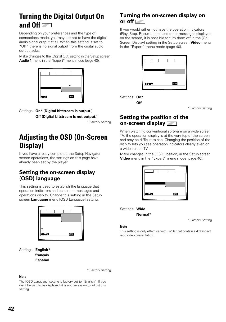 Turning the digital output on and off, Adjusting the osd (on-screen display), Setting the on-screen display (osd) language | Turning the on-screen display on or off, Setting the position of the on-screen display | Pioneer DV-F727 User Manual | Page 42 / 80