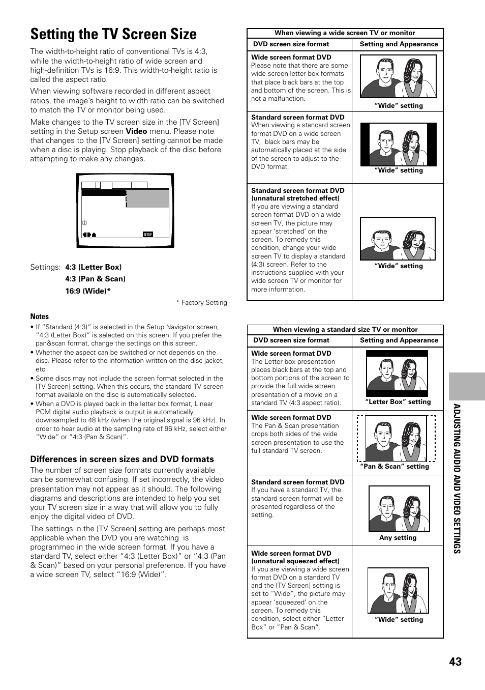 Setting the tv screen size, Differences in screen sizes and dvd formats, Adjusting audio and video settings | Pioneer DV-F727 User Manual | Page 43 / 80