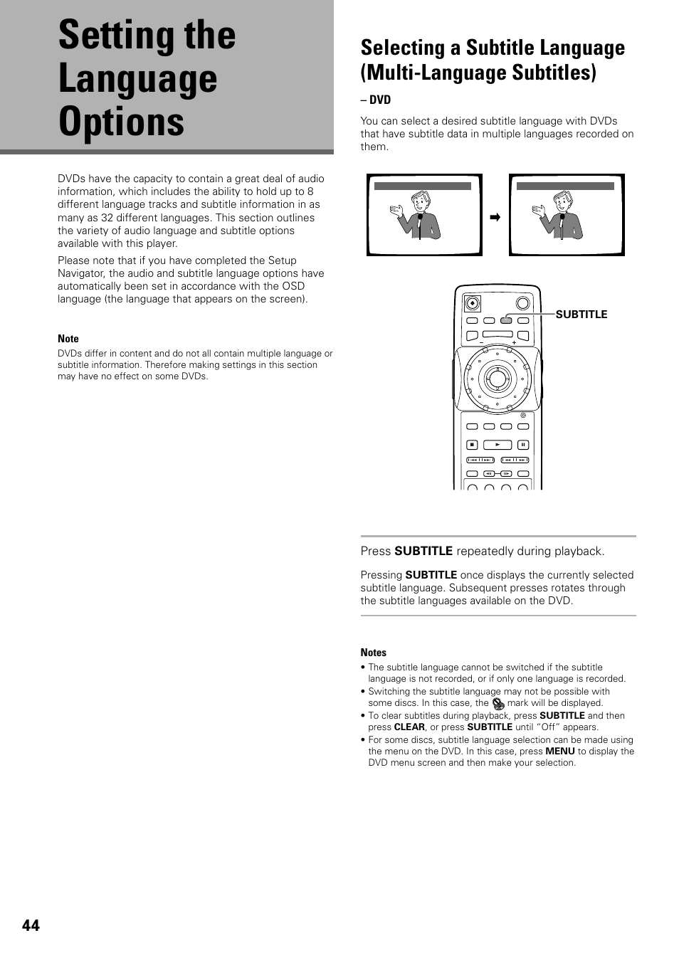 Setting the language options, Selecting a subtitle language, Multi-language subtitles) | Press subtitle repeatedly during playback | Pioneer DV-F727 User Manual | Page 44 / 80