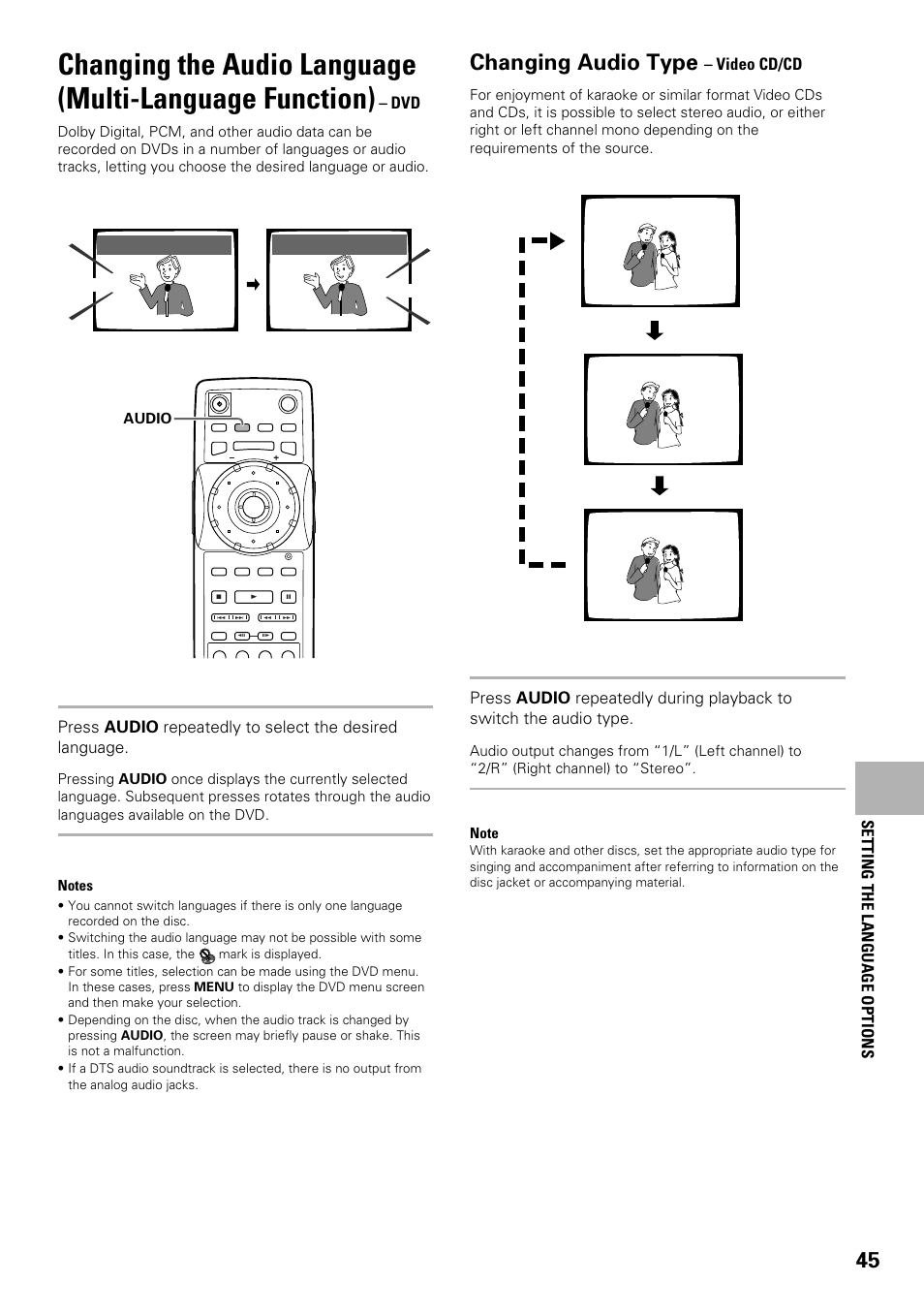 Changing the audio language, Multi-language function), Changing audio type | Video cd/cd, Setting the language options | Pioneer DV-F727 User Manual | Page 45 / 80