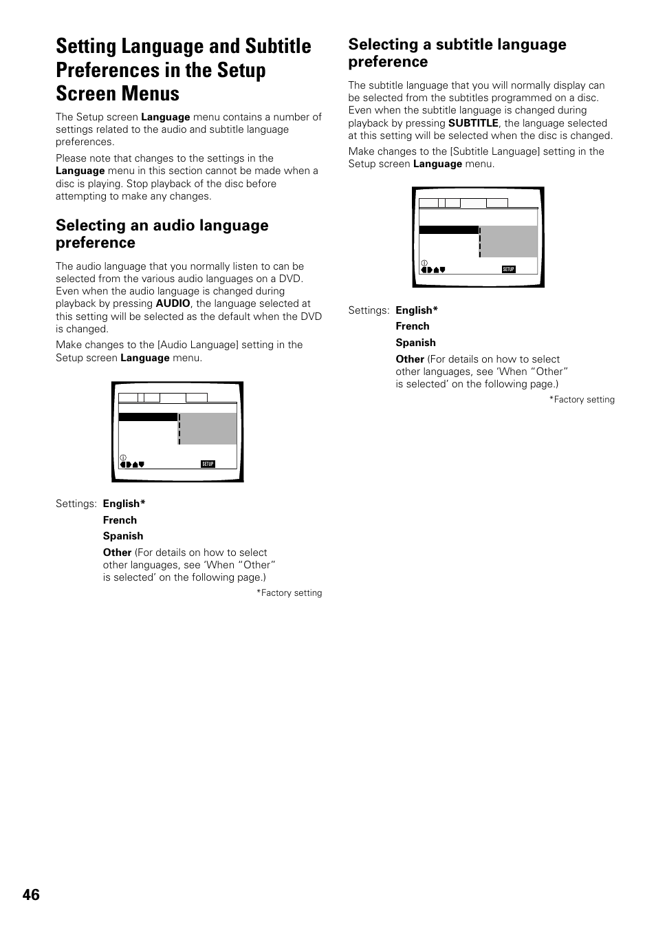 Setting language and subtitle preferences, In the setup screen menus, Selecting an audio language preference | Selecting a subtitle language preference | Pioneer DV-F727 User Manual | Page 46 / 80