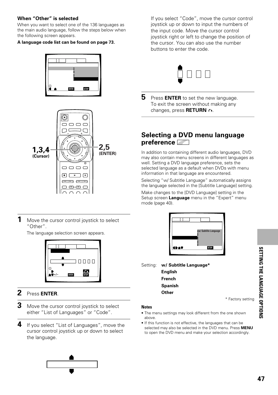 Selecting a dvd menu language preference, Ja: japanese list of languages, When “other” is selected | Move the cursor control joystick to select “other, Press enter, Setting the language options | Pioneer DV-F727 User Manual | Page 47 / 80