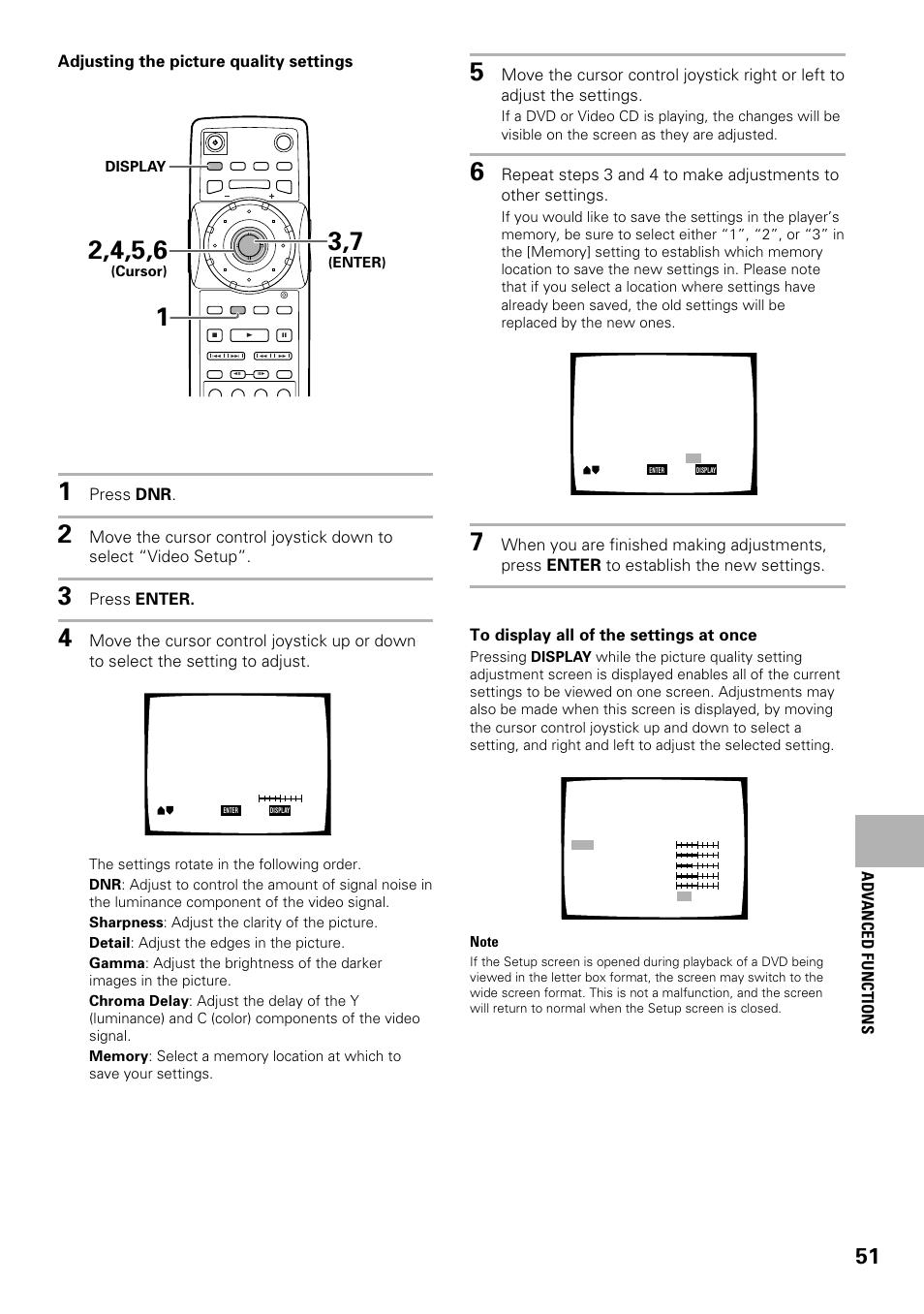 Adjusting the picture quality settings, Press dnr, Press enter | Adv anced functions | Pioneer DV-F727 User Manual | Page 51 / 80