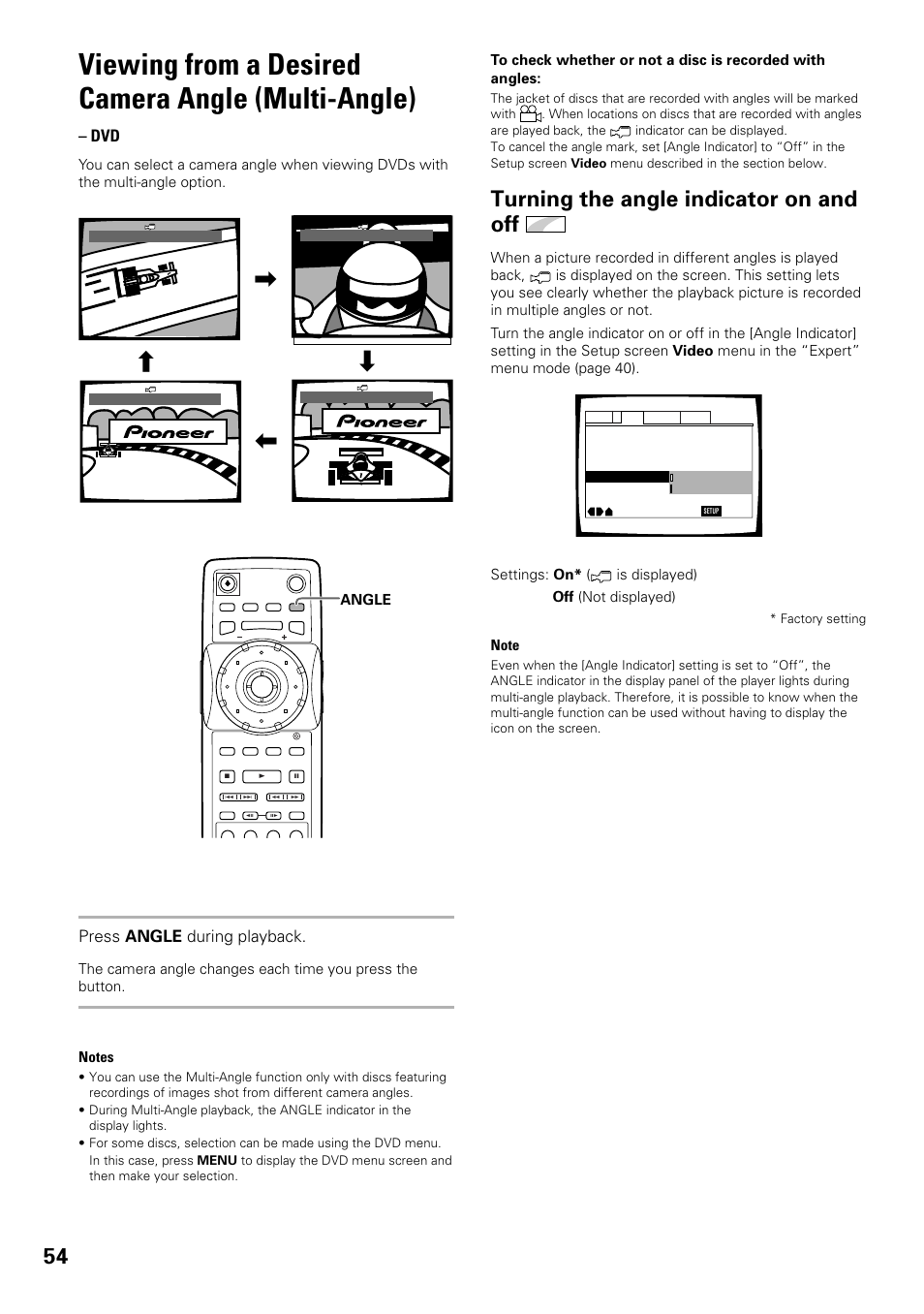 Viewing from a desired camera angle, Multi-angle), Viewing from a desired camera angle (multi-angle) | Turning the angle indicator on and off, Press angle during playback | Pioneer DV-F727 User Manual | Page 54 / 80