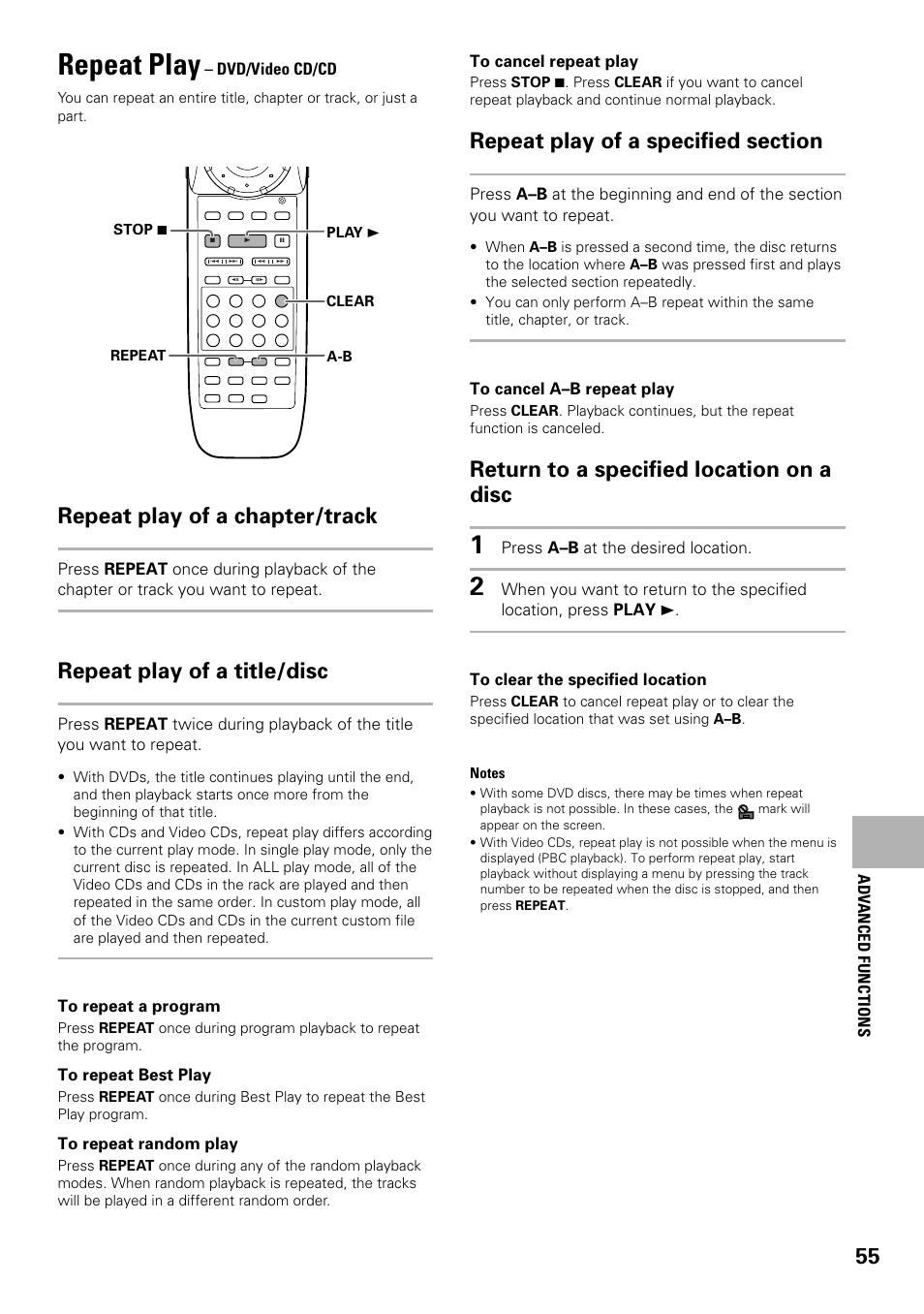Repeat play, Repeat play of a chapter/track, Repeat play of a title/disc | Return to a specified location on a disc | Pioneer DV-F727 User Manual | Page 55 / 80