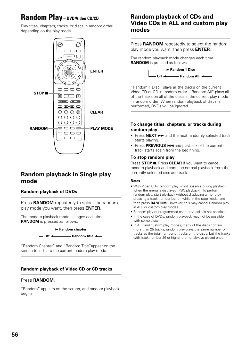 Random play, Random playback in single play mode | Pioneer DV-F727 User Manual | Page 56 / 80