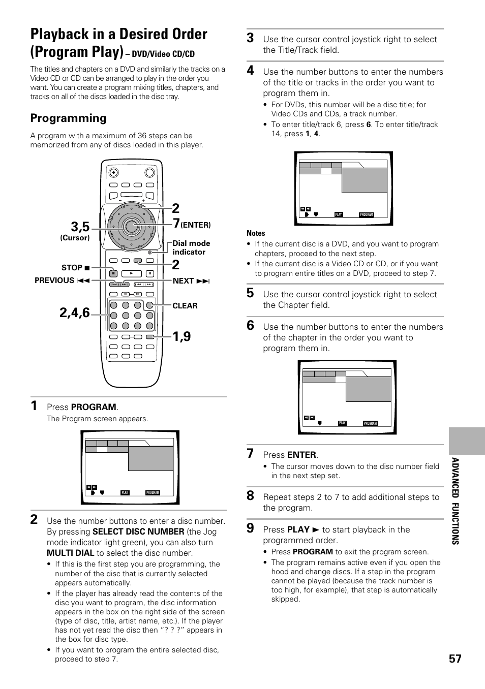 Playback in a desired order (program play), Programming, Dvd/video cd/cd | Press program, Press enter, Adv anced functions | Pioneer DV-F727 User Manual | Page 57 / 80