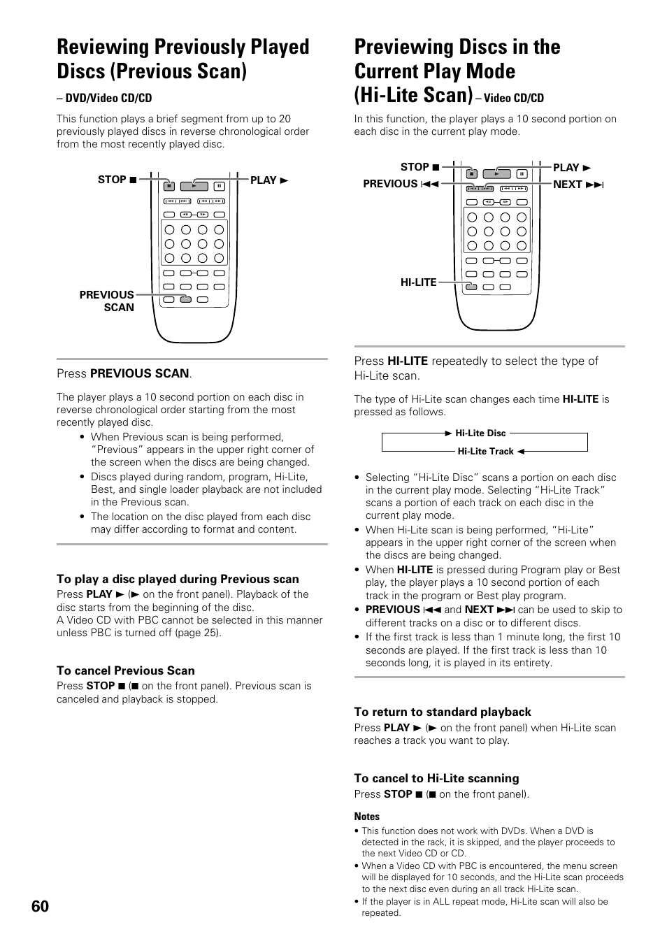 Reviewing previously played discs, Previous scan), Previewing discs in the current play mode | Hi-lite scan), Reviewing previously played discs (previous scan), Dvd/video cd/cd, Press previous scan, Video cd/cd | Pioneer DV-F727 User Manual | Page 60 / 80