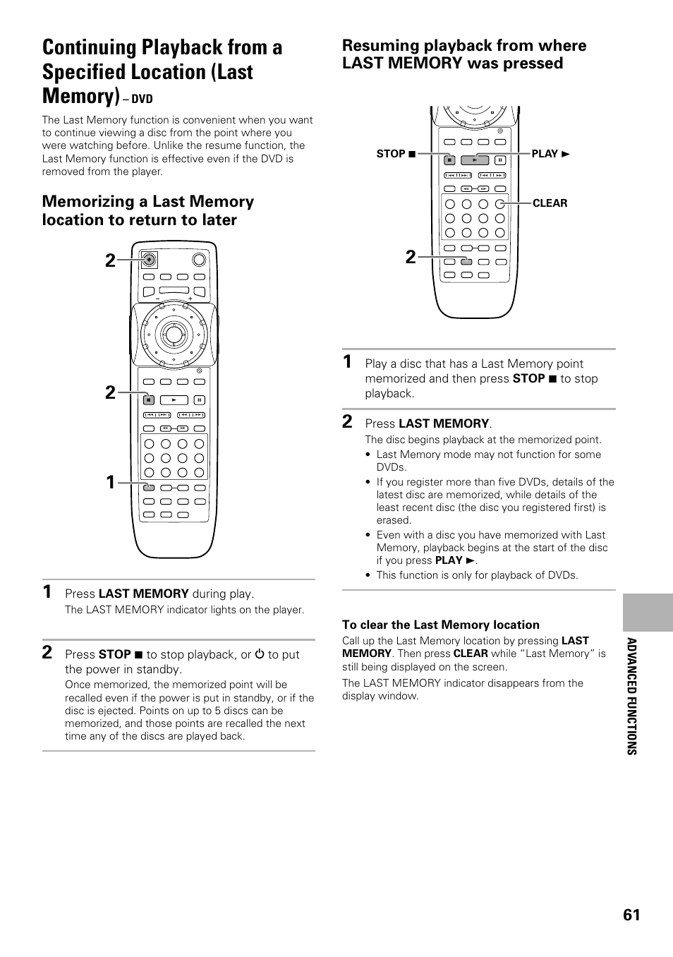 Continuing playback from a specified, Location (last memory) | Pioneer DV-F727 User Manual | Page 61 / 80