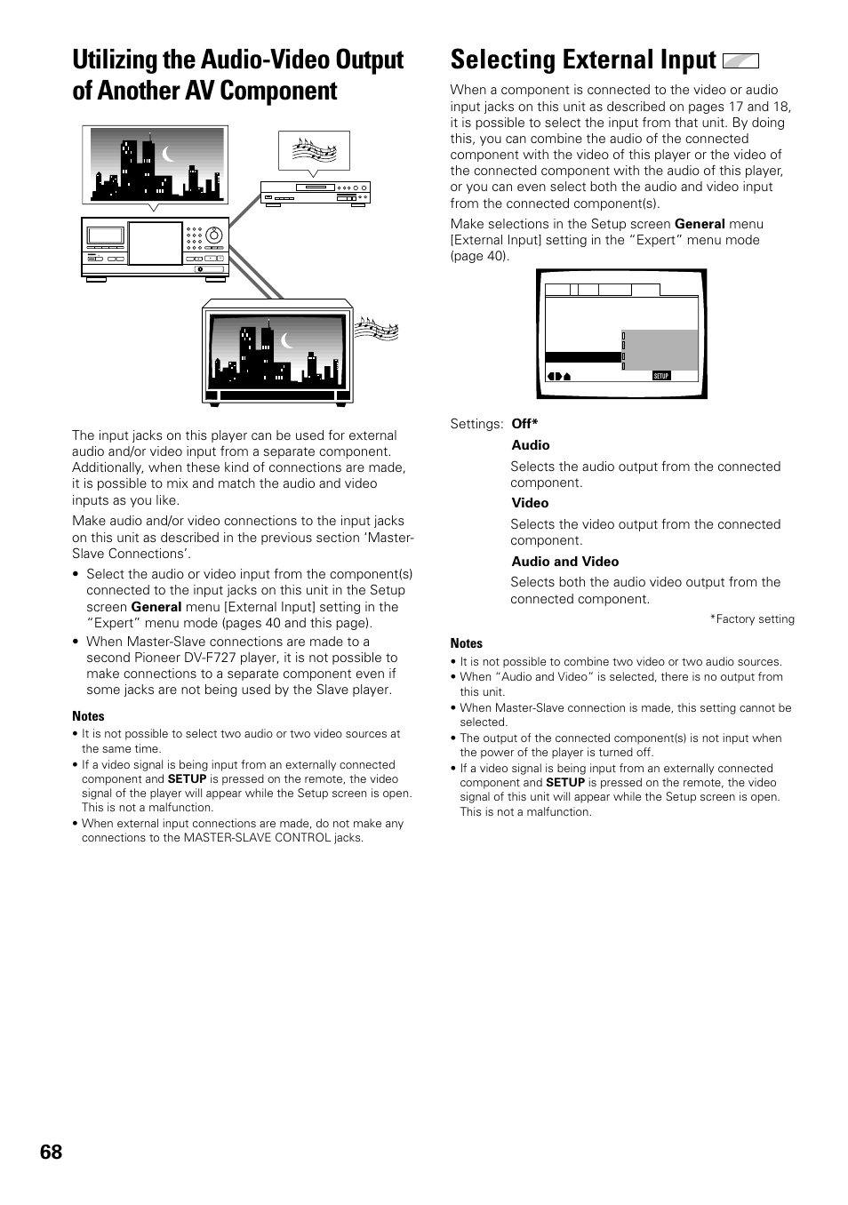 Utilizing the audio-video output of, Another av component, Selecting external input | Pioneer DV-F727 User Manual | Page 68 / 80