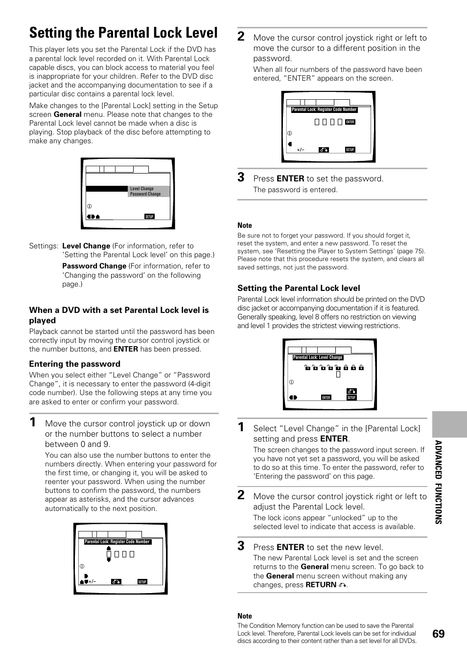 Setting the parental lock level, Entering the password, Press enter to set the password | Press enter to set the new level, Adv anced functions | Pioneer DV-F727 User Manual | Page 69 / 80