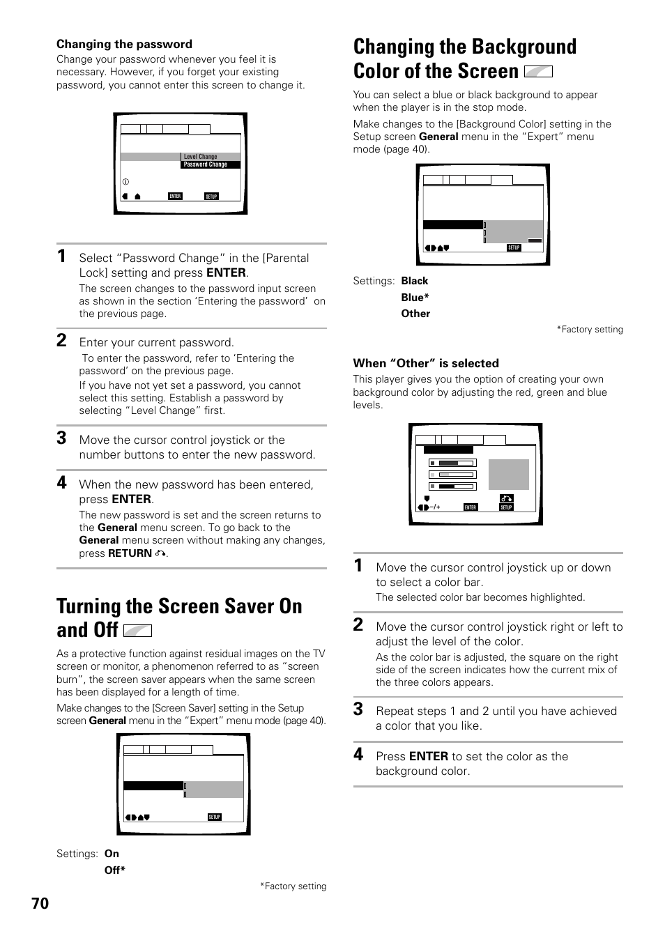Of the screen, Turning the screen saver on and off, Changing the background color of the screen | Changing the password, Enter your current password, When “other” is selected | Pioneer DV-F727 User Manual | Page 70 / 80