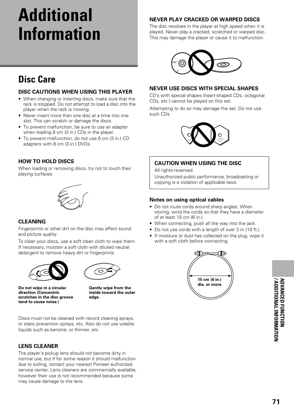 Additional information, Disc care | Pioneer DV-F727 User Manual | Page 71 / 80