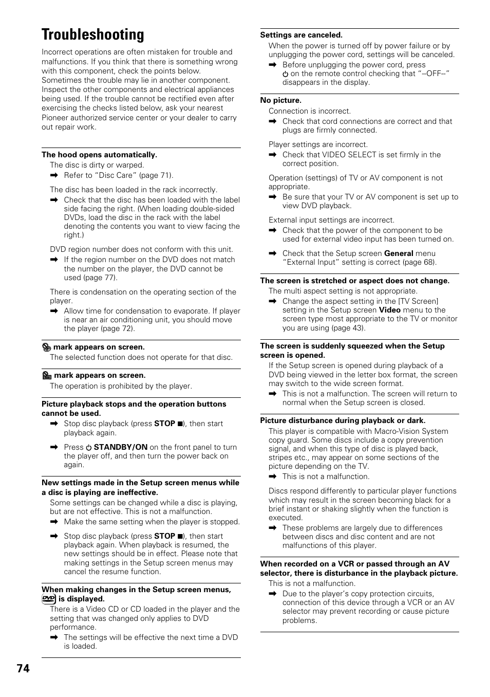 Troubleshooting | Pioneer DV-F727 User Manual | Page 74 / 80