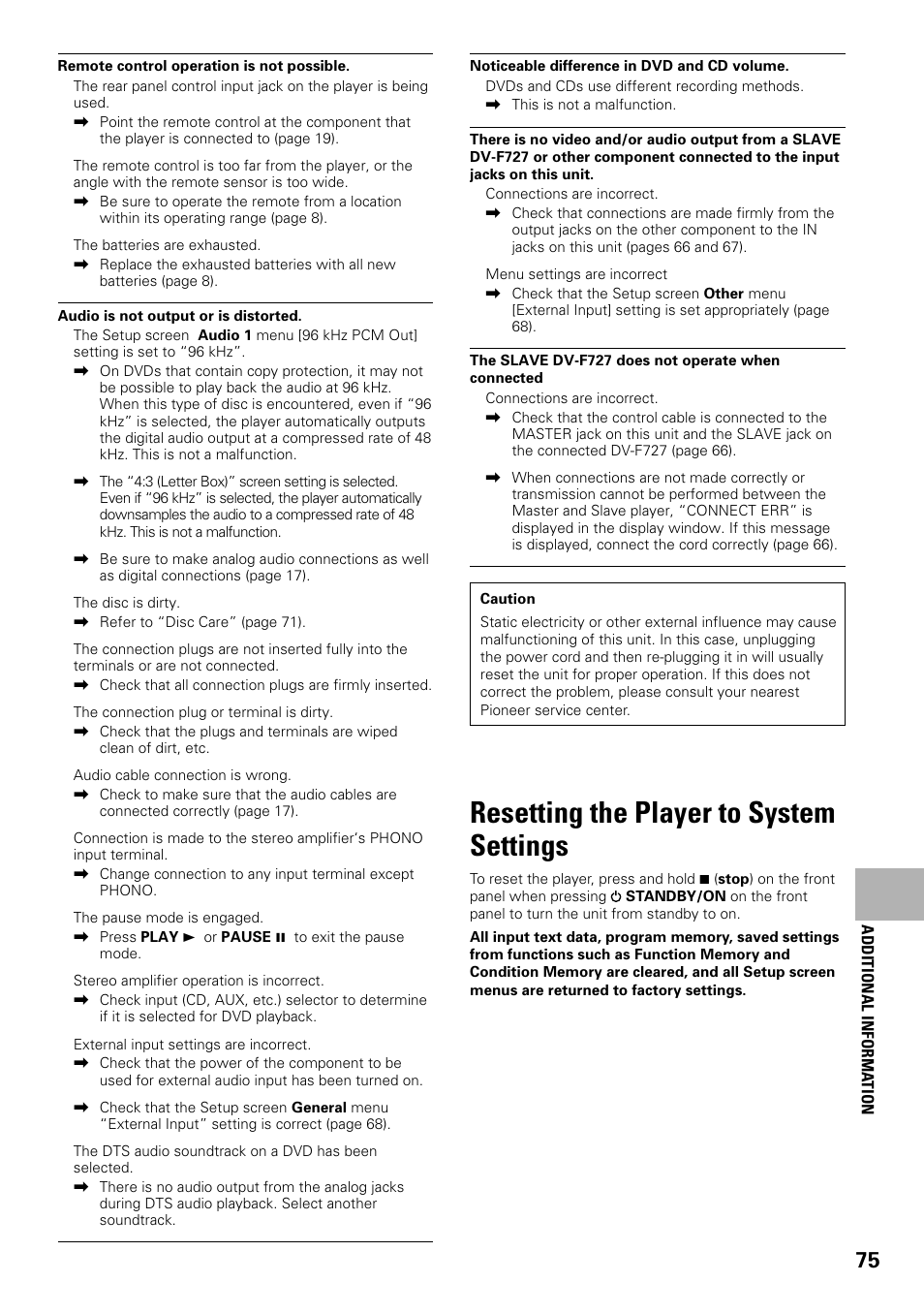 Resetting the player to system settings | Pioneer DV-F727 User Manual | Page 75 / 80