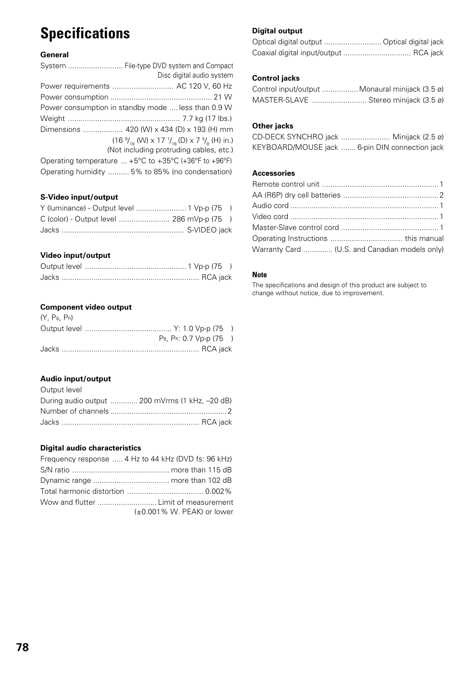 Specifications | Pioneer DV-F727 User Manual | Page 78 / 80