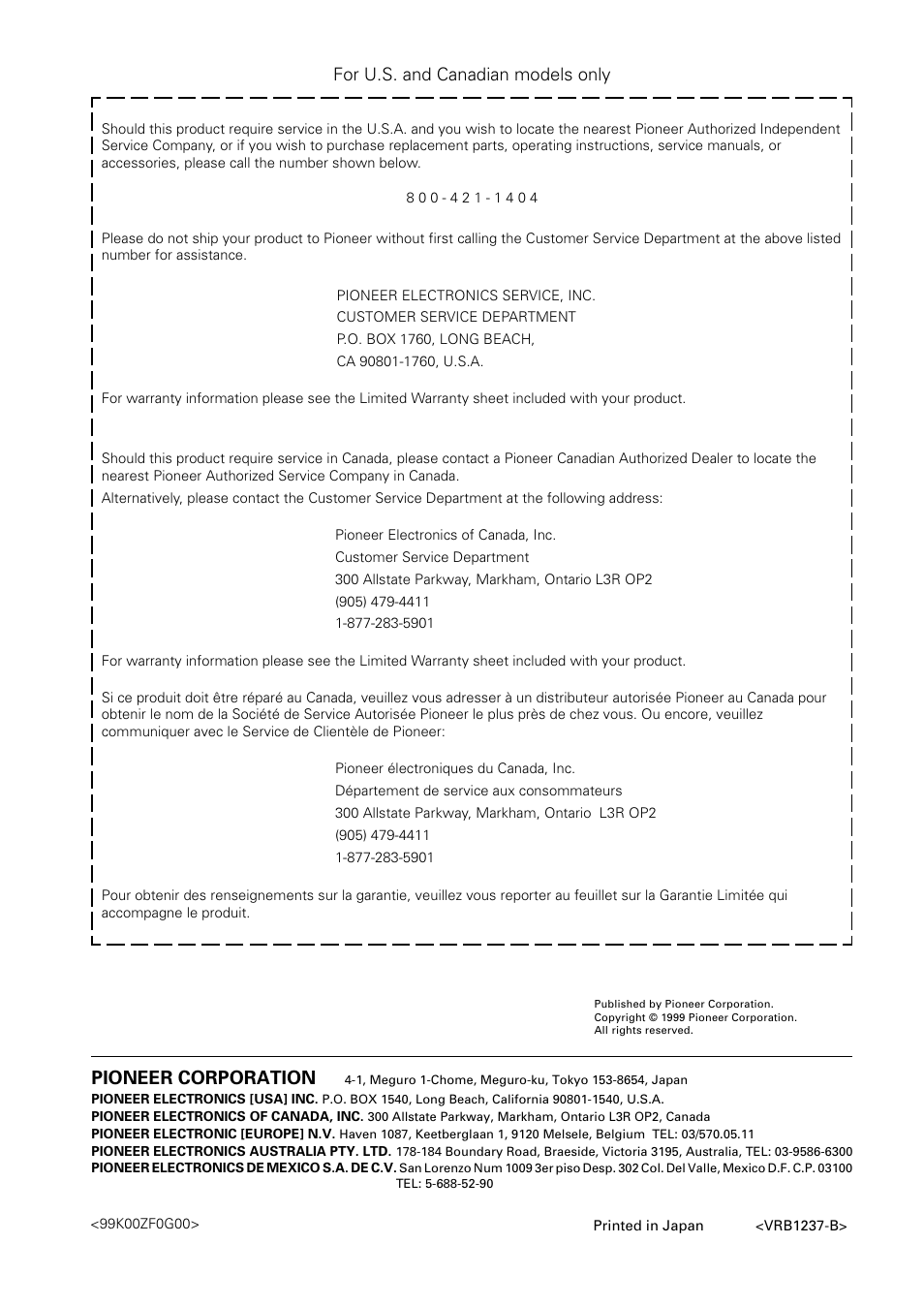 Pioneer corporation, For u.s. and canadian models only | Pioneer DV-F727 User Manual | Page 80 / 80