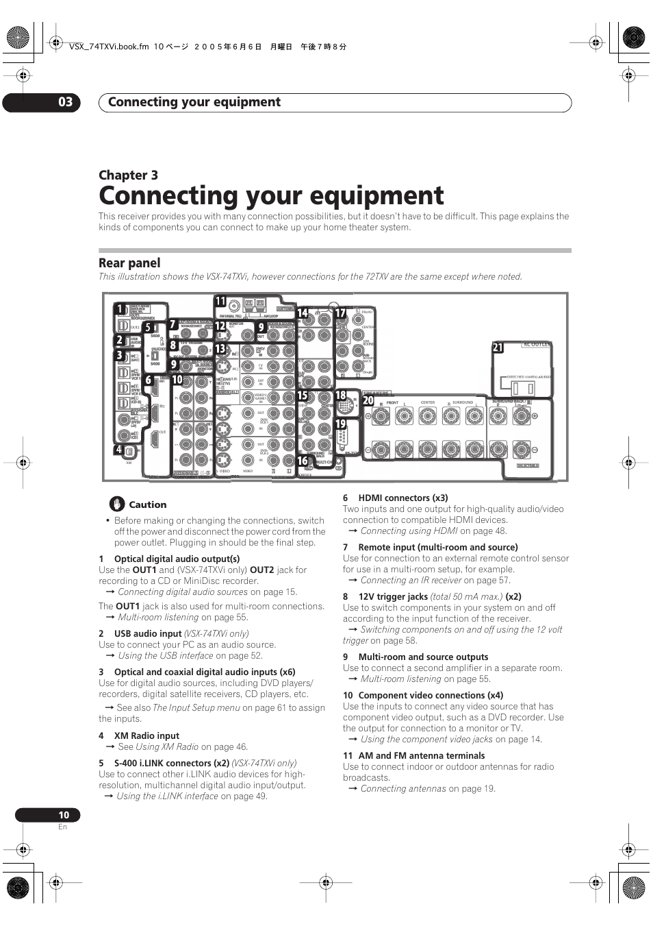03 connecting your equipment, Rear panel, Connecting your equipment | Connecting your equipment 03, Chapter 3 | Pioneer VSX-72TXV-S User Manual | Page 10 / 88