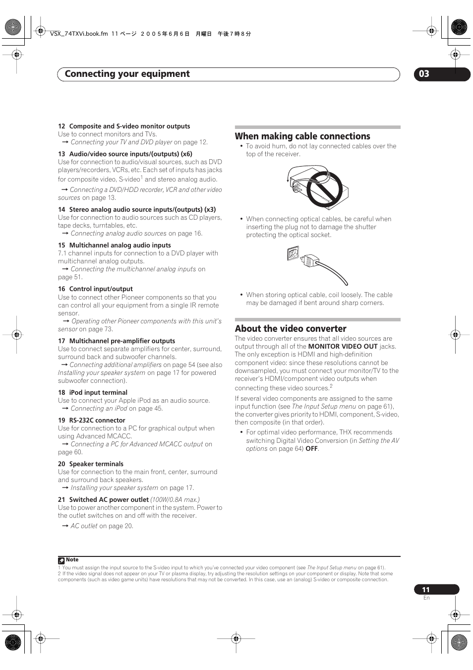 Connecting your equipment 03, When making cable connections, About the video converter | Pioneer VSX-72TXV-S User Manual | Page 11 / 88