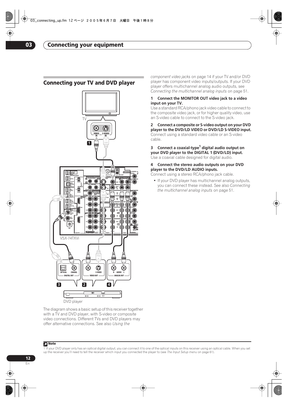 Connecting your tv and dvd player, Connecting your equipment 03, Using the component video jacks | Connecting the multichannel analog inputs, On page 51, Dvd/ld, Video or, S-video input, 3connect a coaxial-type, Input | Pioneer VSX-72TXV-S User Manual | Page 12 / 88