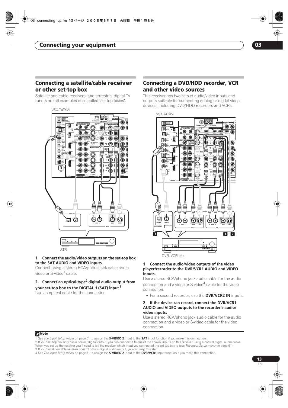 Connecting your equipment 03, Connecting a satellite/cable receiver, Or other set-top box | Cable, 2connect an optical-type, Use an optical cable for the connection, Vcr2 in, Inputs, Stb vsx-74txvi, Vsx-74txvi | Pioneer VSX-72TXV-S User Manual | Page 13 / 88