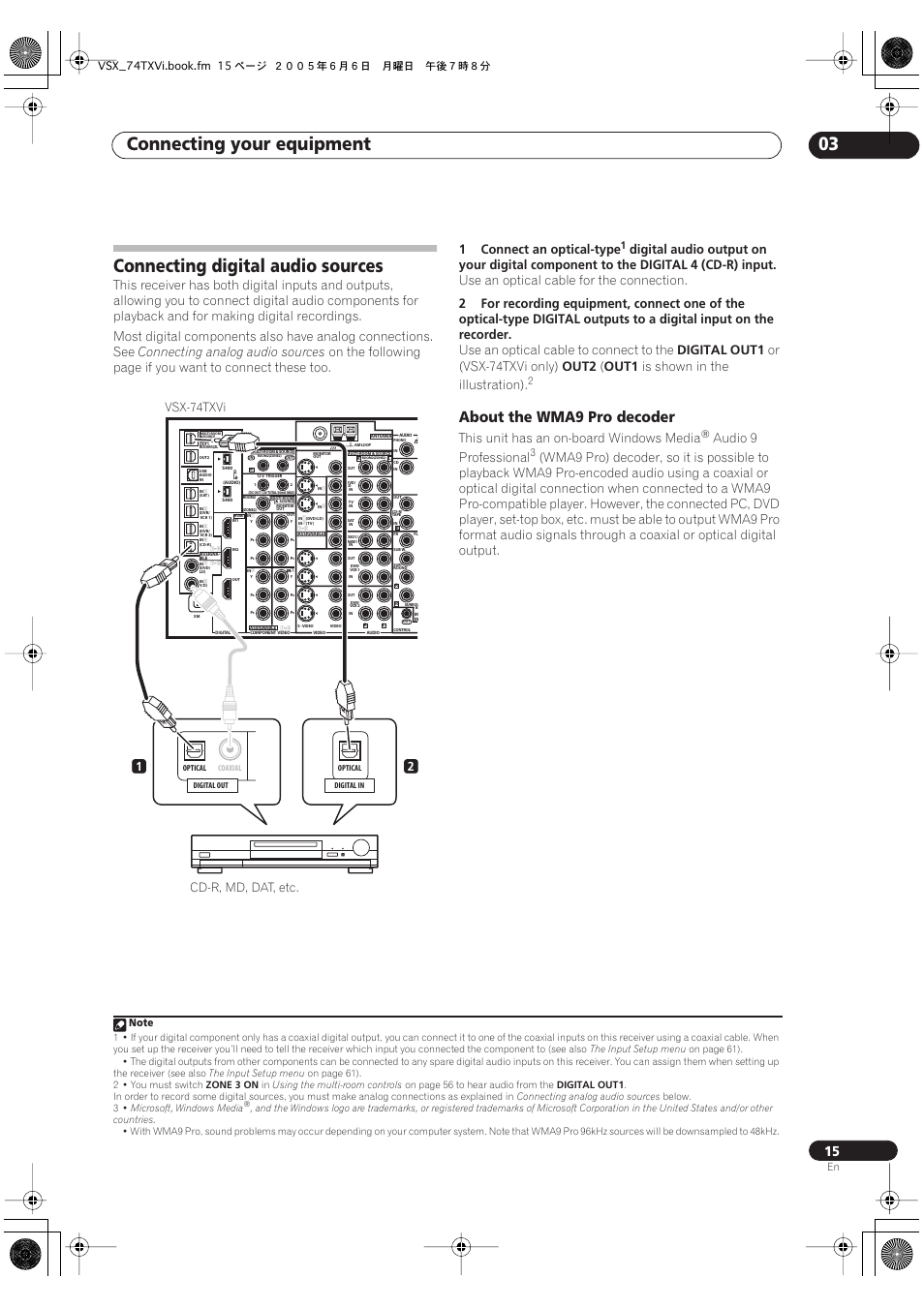 Connecting digital audio sources, About the wma9 pro decoder, Connecting your equipment 03 | Connecting analog audio sources, 1connect an optical-type, Use an optical cable for the connection, Use an optical cable to connect to the, Digital out1, Or (vsx-74txvi only), Out2 | Pioneer VSX-72TXV-S User Manual | Page 15 / 88