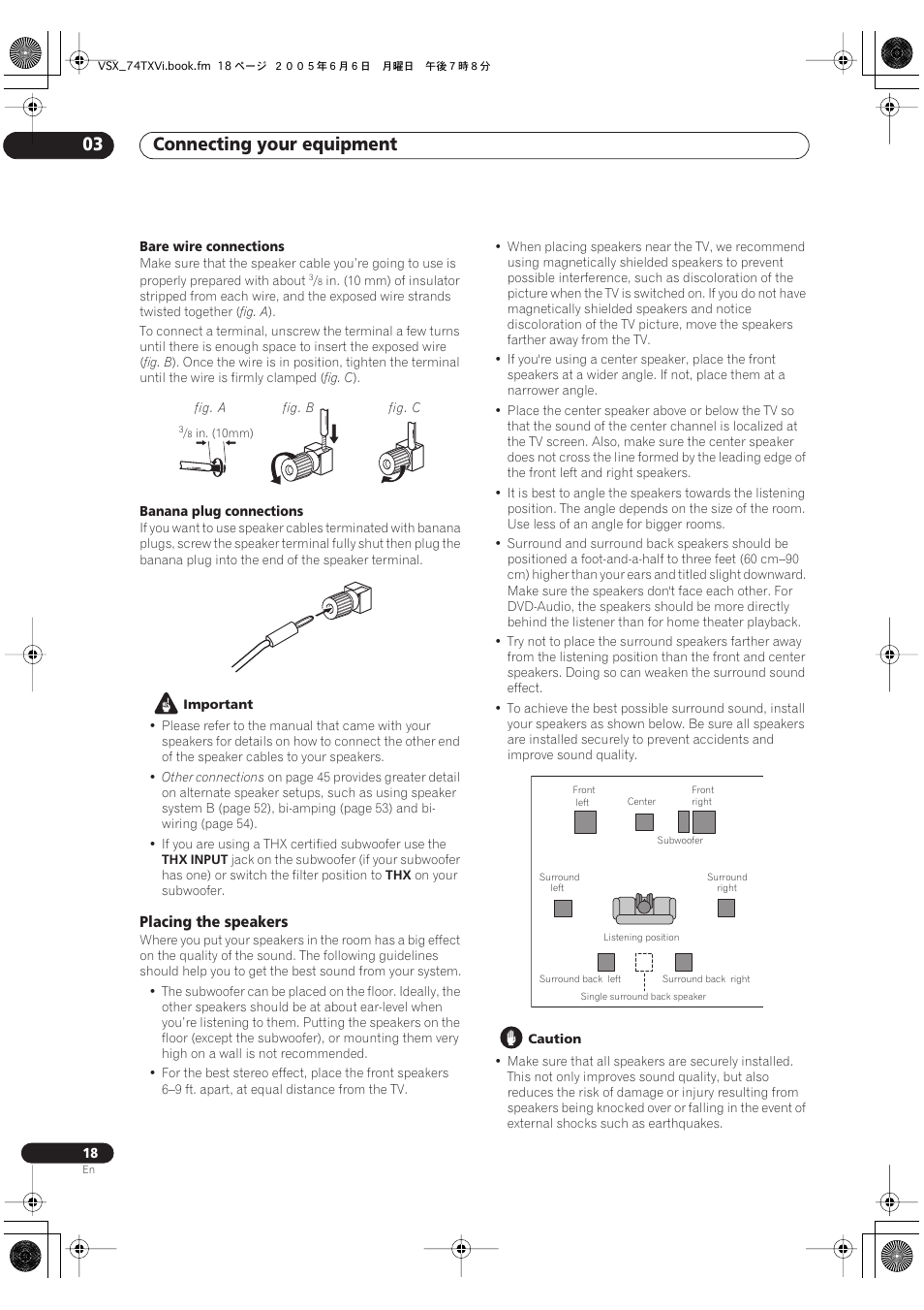 Placing the speakers, Connecting your equipment 03 | Pioneer VSX-72TXV-S User Manual | Page 18 / 88